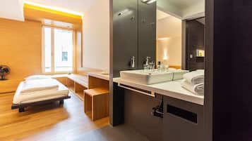 Bathrobes, slippers, towels, soap