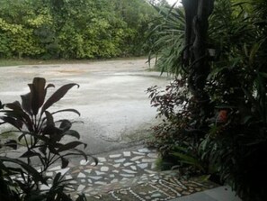A paved pathway with a mosaic pattern leading to a garden area. - Ruan Mai Sang Ngam Resort (Sa Khu)