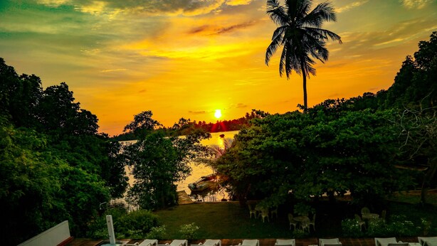 A pool area with lounge chairs and a view of the sunset over a body of water, surrounded by trees. - Waterside Bentota (Bentota)