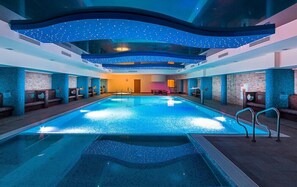 Indoor pool, outdoor pool, open 10:00 AM to 8:00 PM, pool loungers