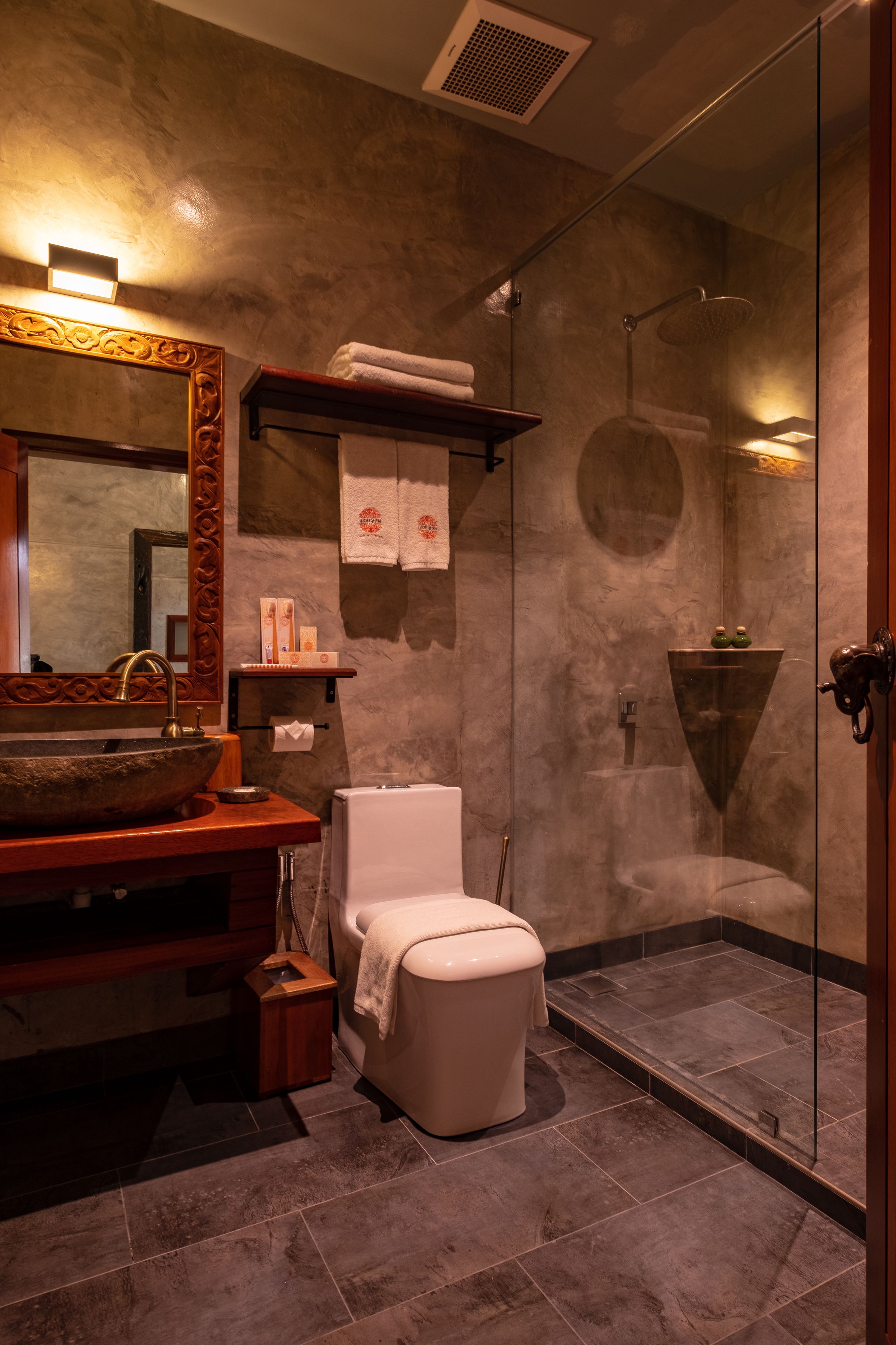 Un baño moderno con ducha envuelta en vidrio, un lavabo de diseño y un inodoro.
