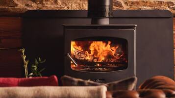 A wood-burning stove with a visible fire, set against a brick wall.