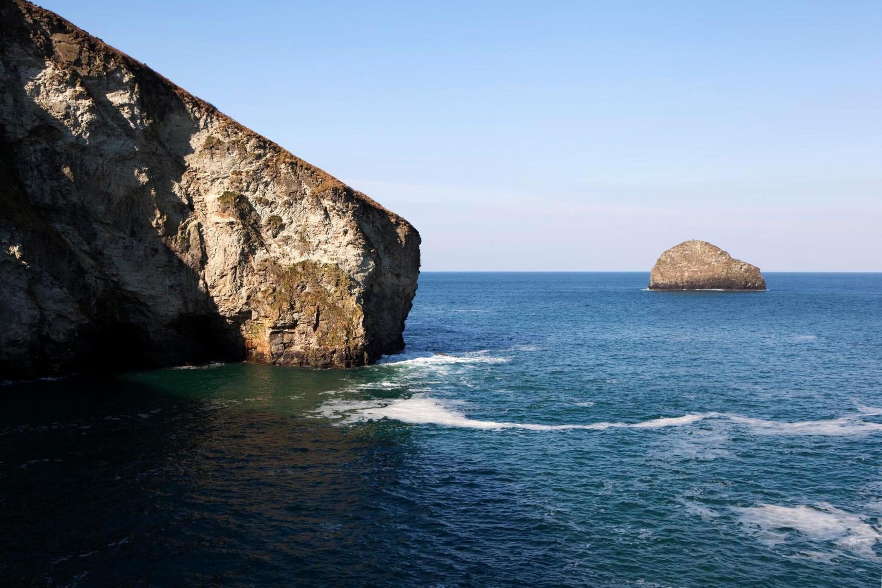 A coastal landscape with a prominent cliff and a small island in the distance.