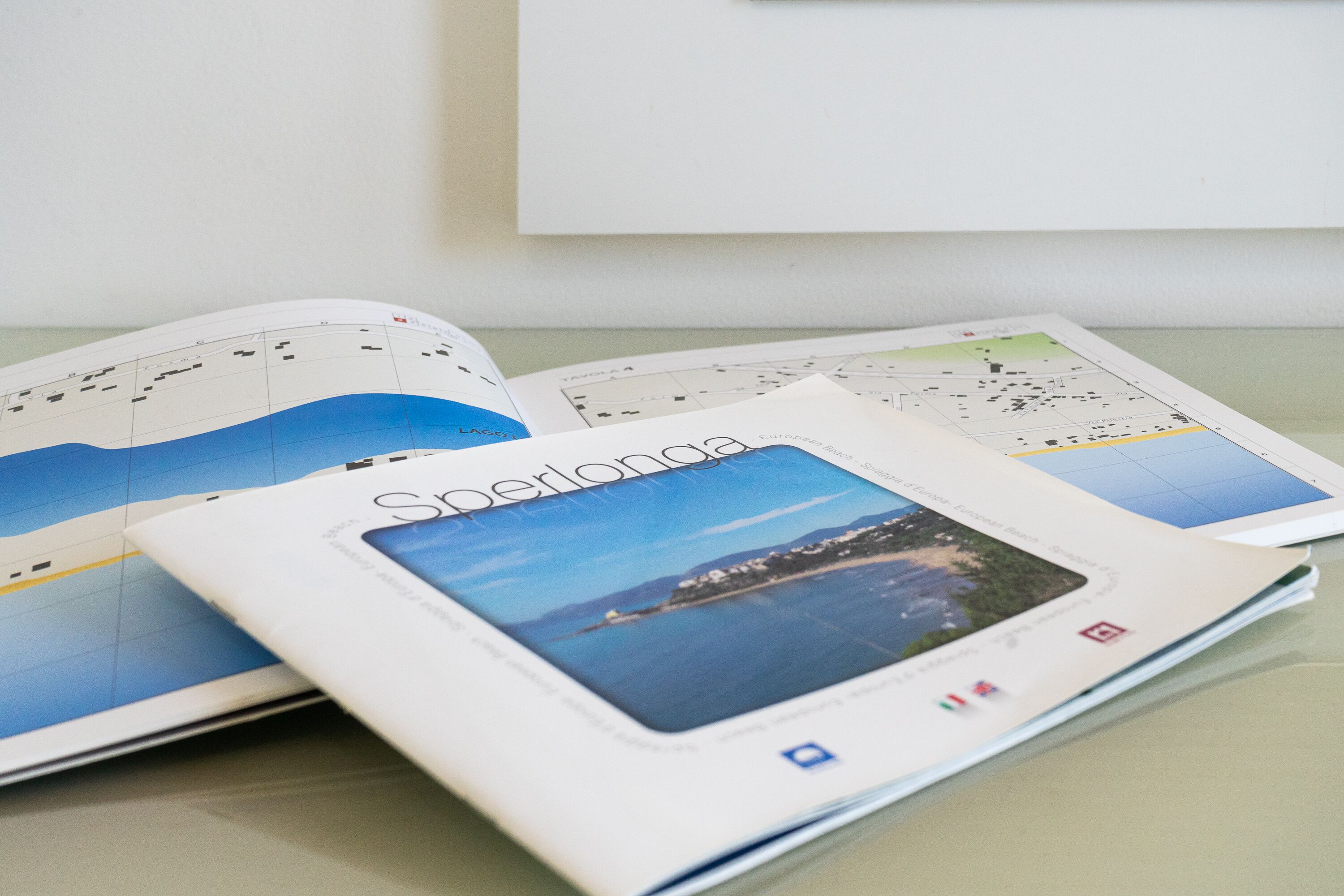 Une brochure présentant une vue d’ensemble d’une ville côtière et le mot « Spaldes ».