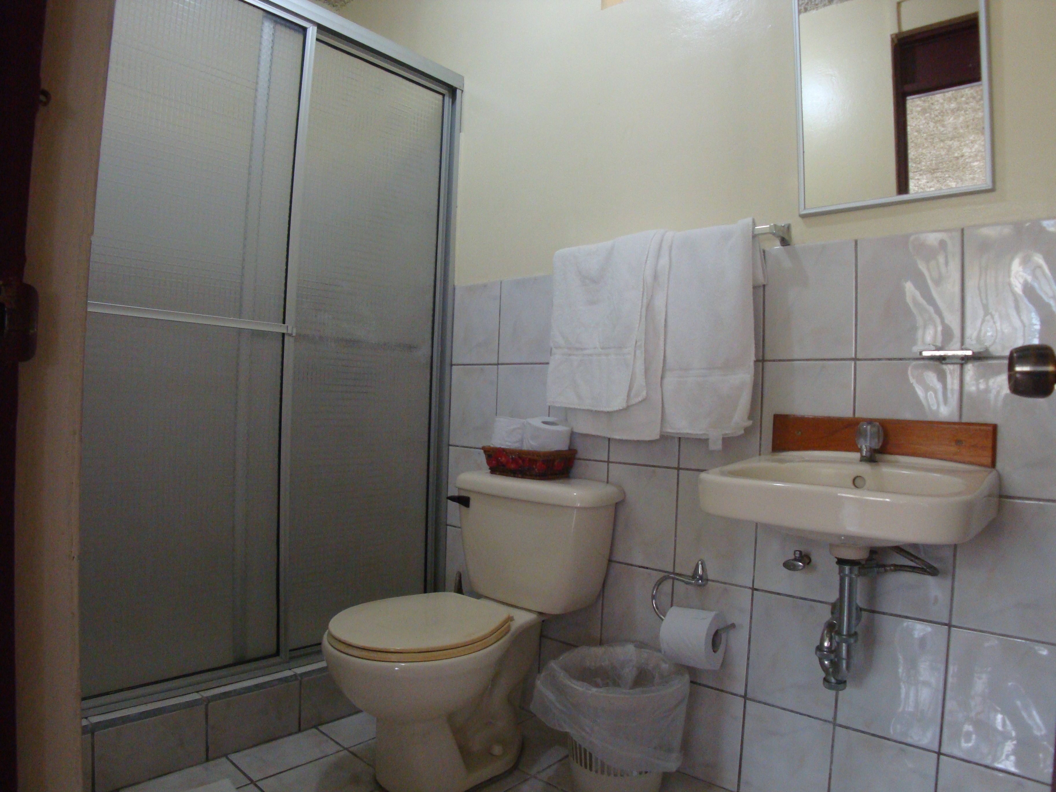Een badkamer met toilet, wastafel en douche.