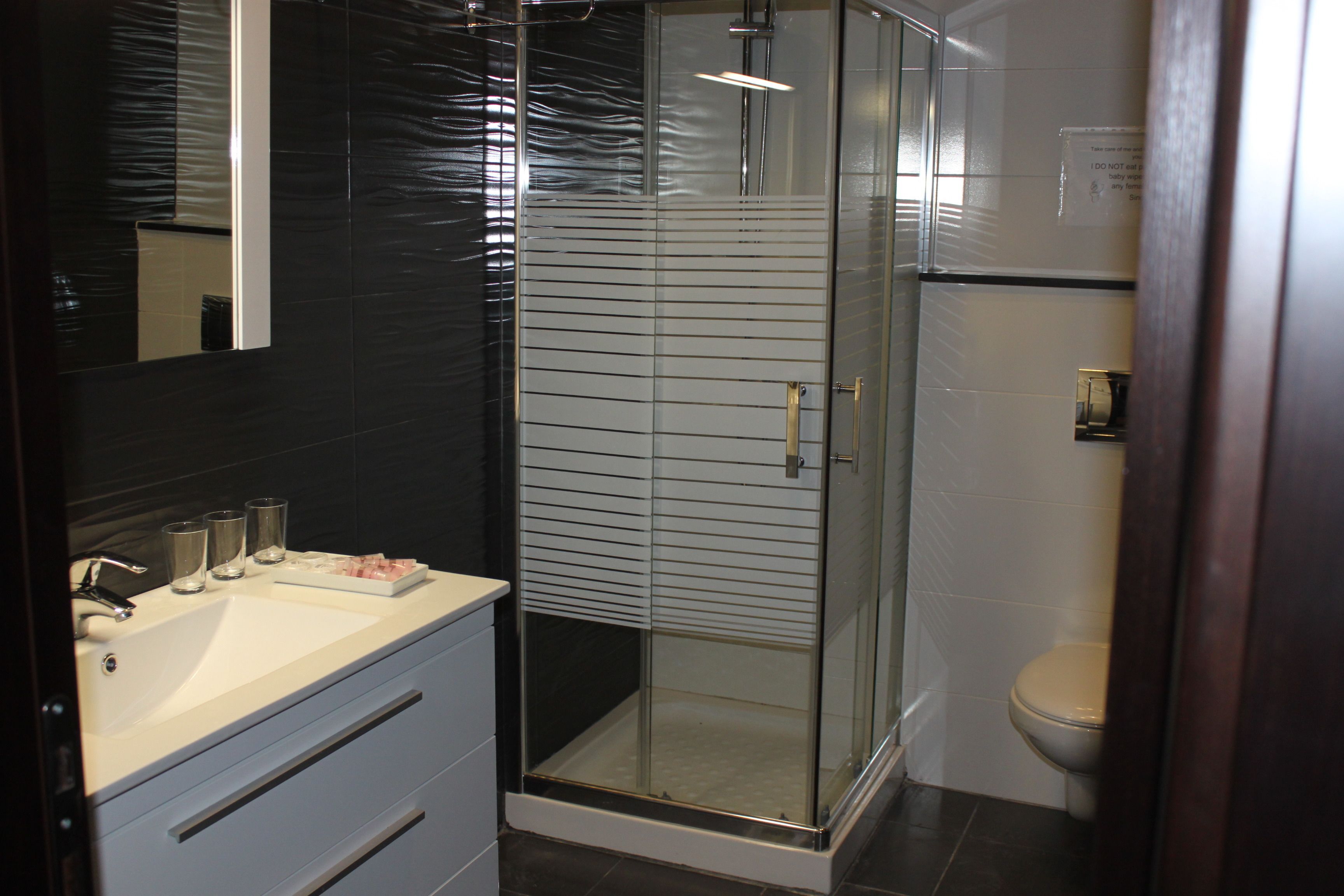 Un baño moderno con ducha de vidrio, lavamanos blanco con espejo y un inodoro.