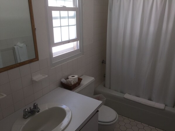 A bathroom with a sink, toilet, and bathtub. - Paraquet Apartments (Paget Parish)