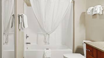 A modern bathroom with a glass-enclosed shower, a bathtub, and a toilet.