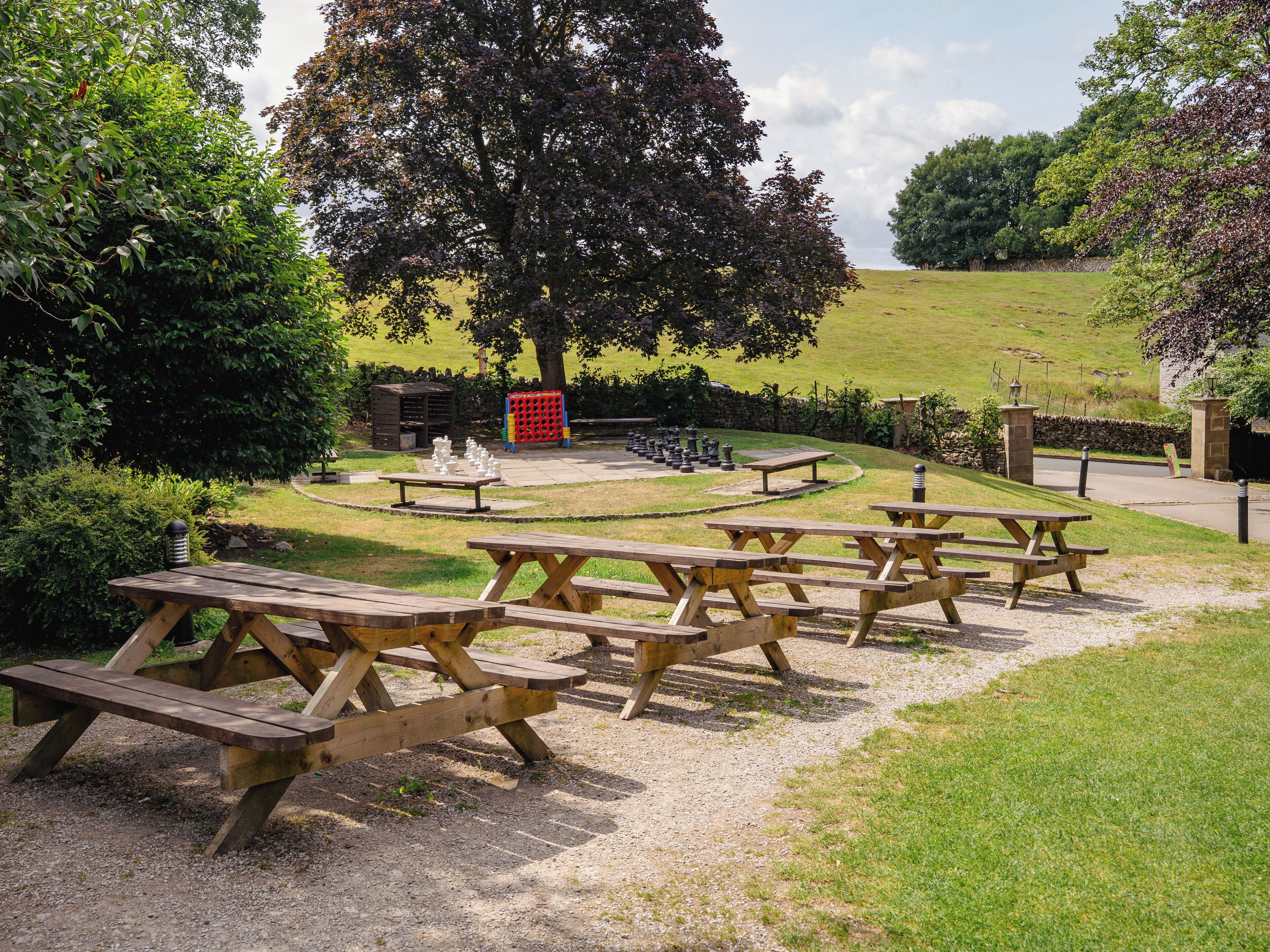 Un área de picnic con varias mesas y bancos de madera, rodeada de abundante vegetación y un gran árbol.