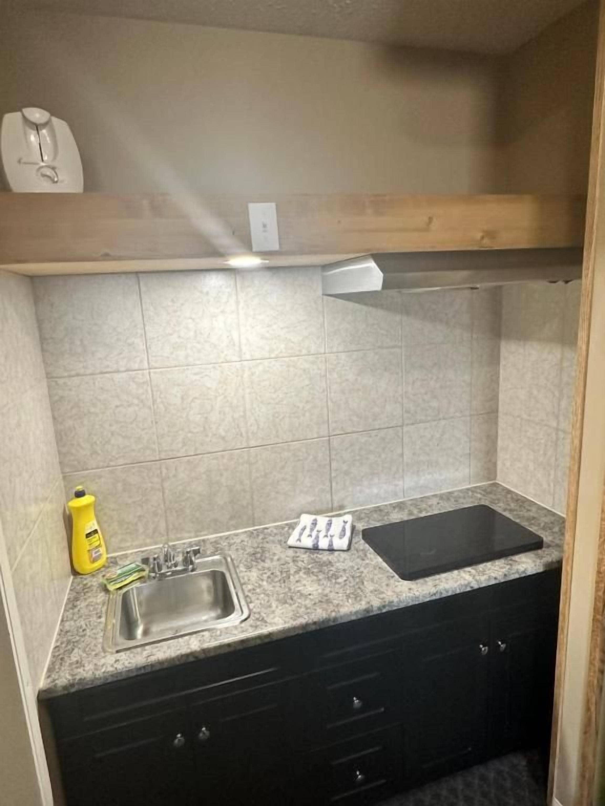 Una cocina compacta con pileta, mostrador y placares.