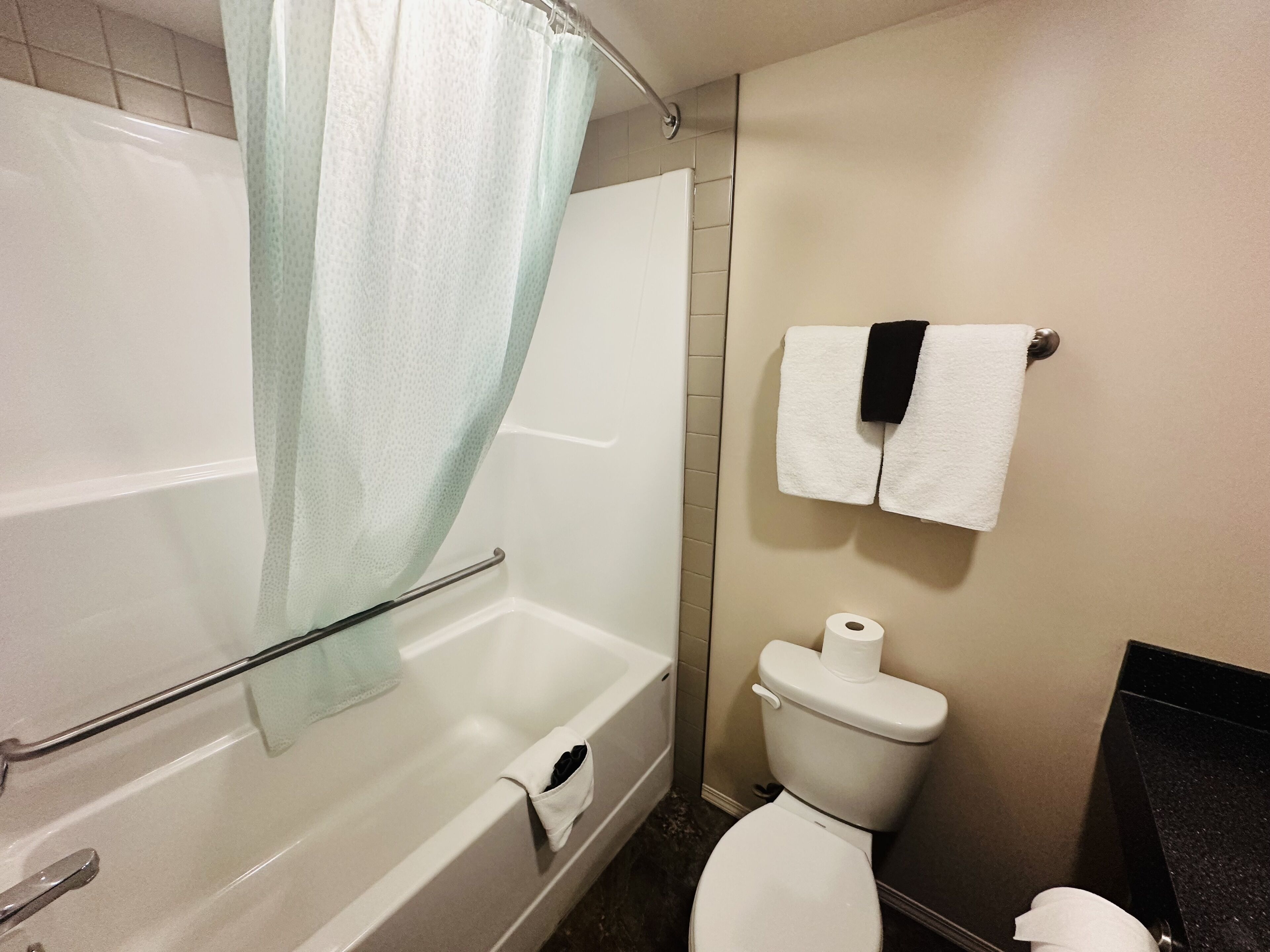 Kombinert dusj/badekar, toalettartikler (inkludert) og hårføner