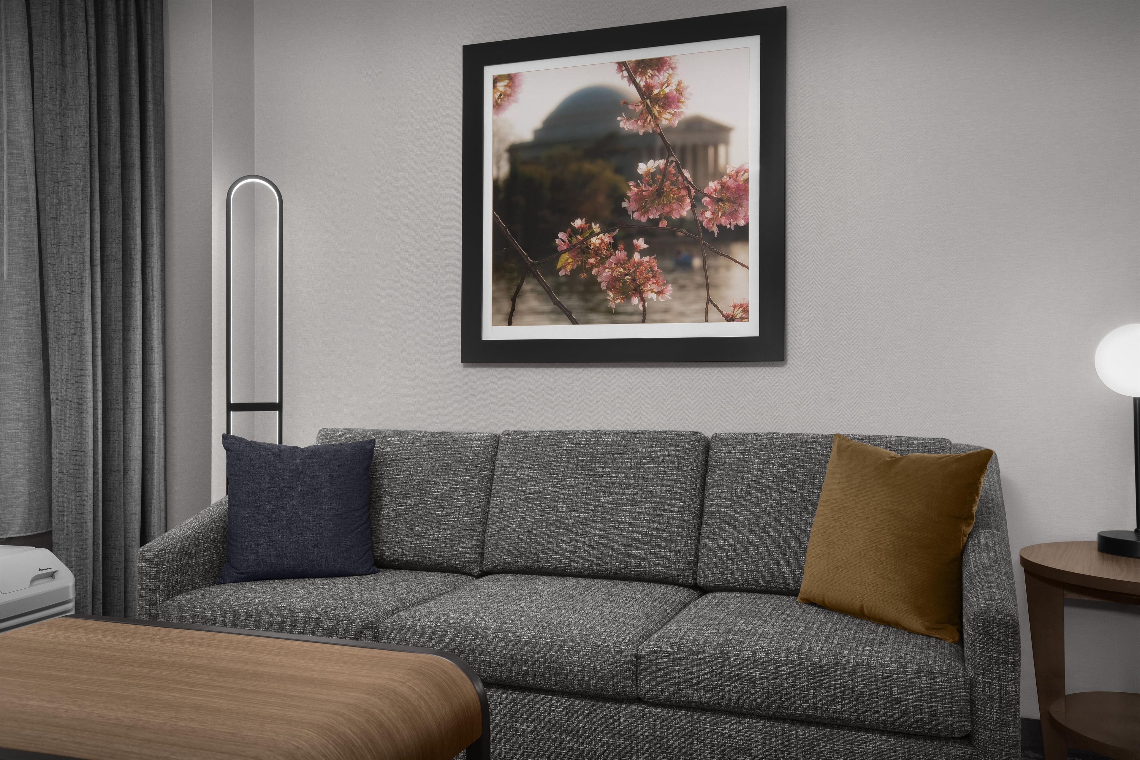 Ein modernes Hotelzimmer mit einem grauen Sofa, einem gerahmten Bild mit Kirschblüten, einem Nachttisch mit Lampe und einem Fenster mit grauen Vorhängen.