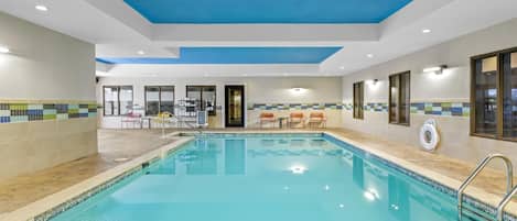 Indoor pool, open 9:00 AM to 10:00 PM, sun loungers