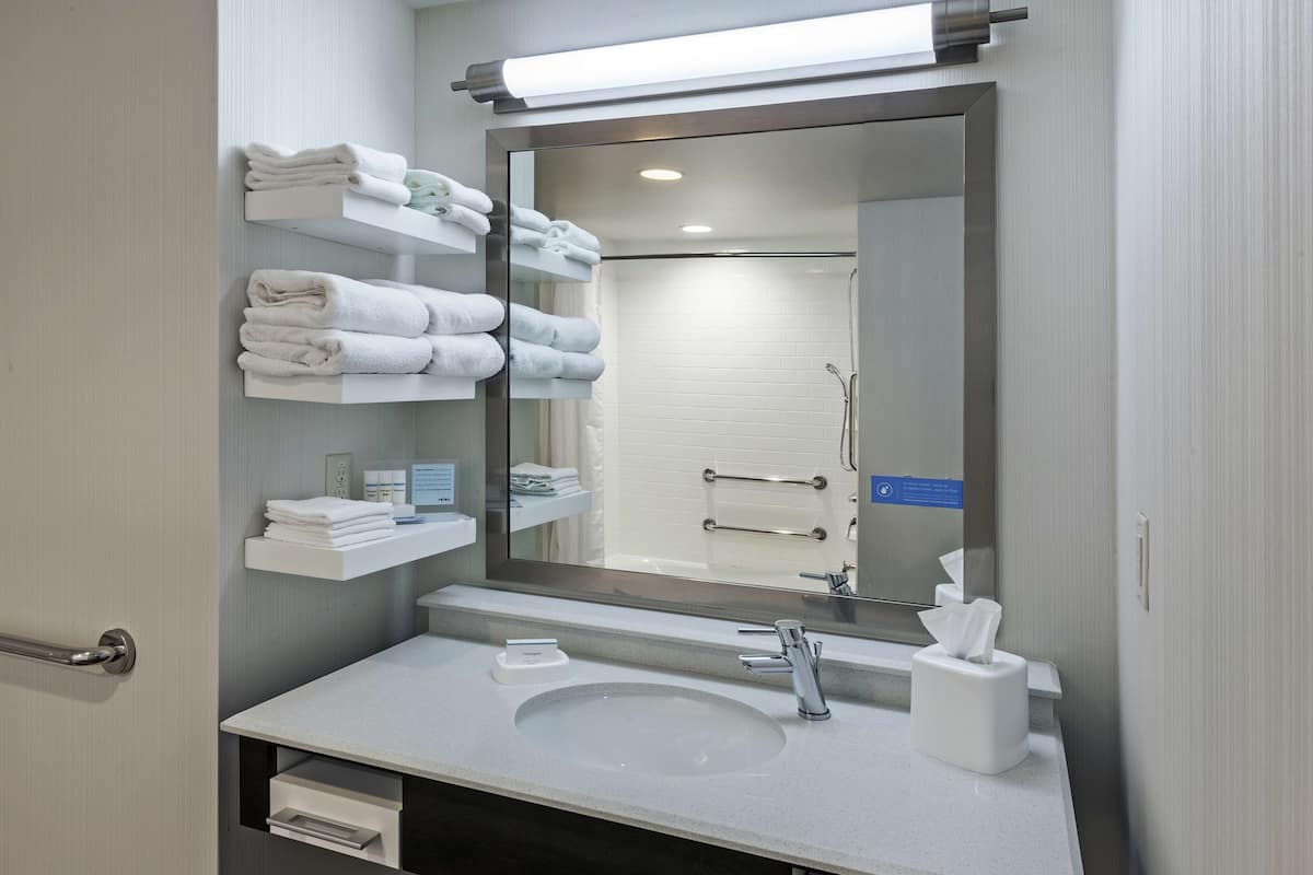 combined shower/bathtub, hair dryer, towels