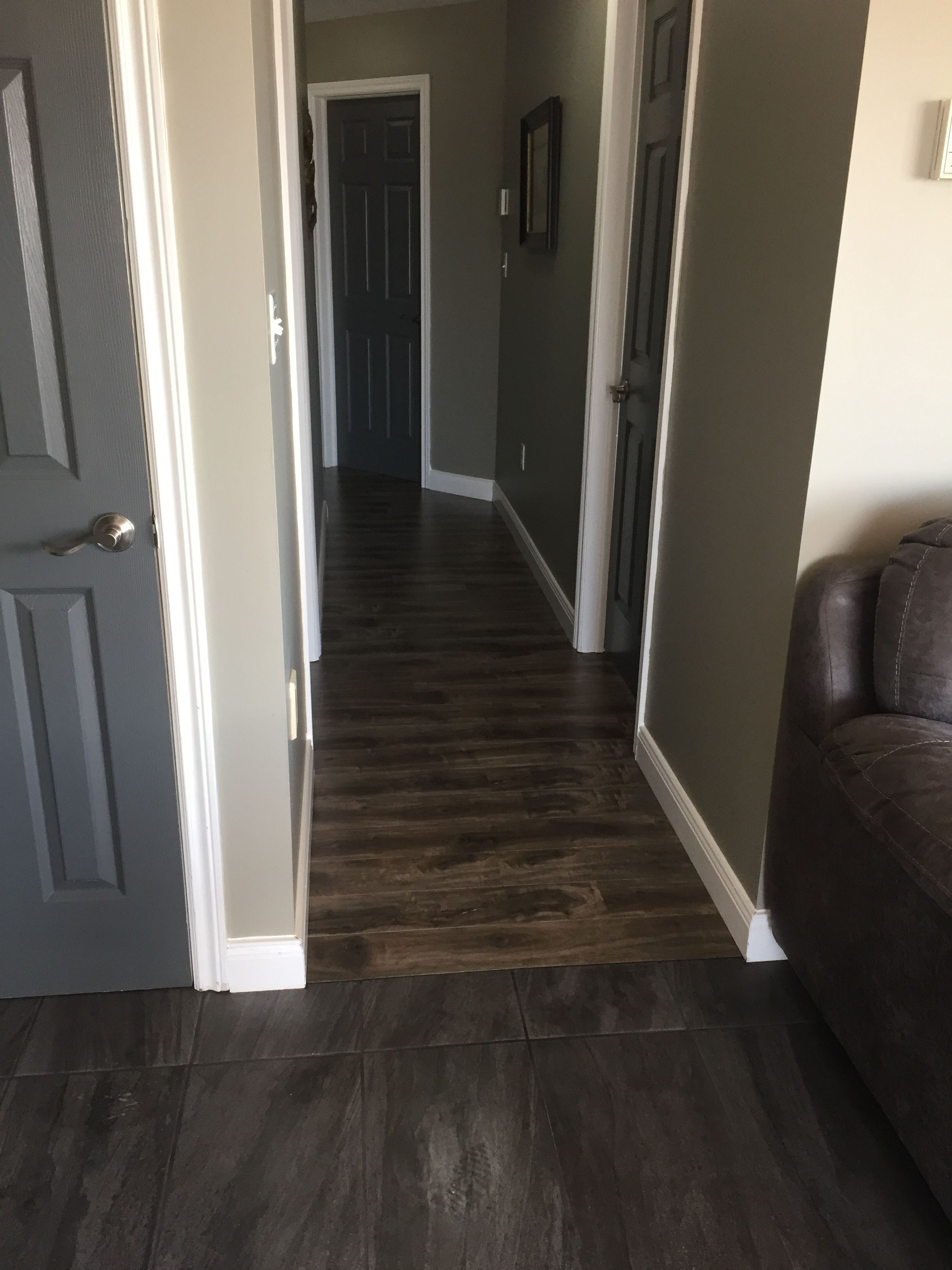 Un pasillo con suelo de madera oscura, una puerta gris a la izquierda y un sofá de cuero marrón a la derecha.