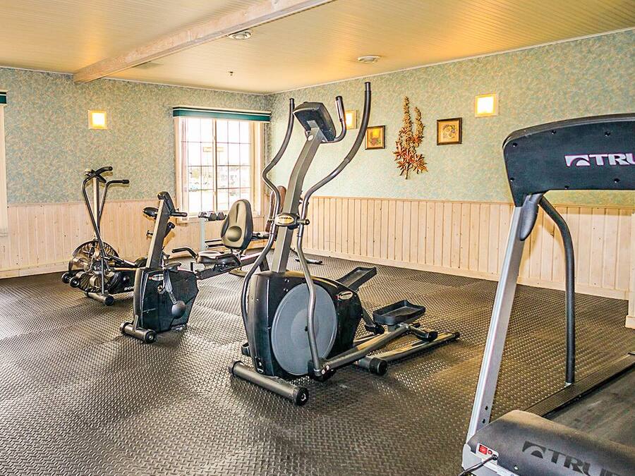 A gym with treadmills, stationary bikes, and elliptical machines.