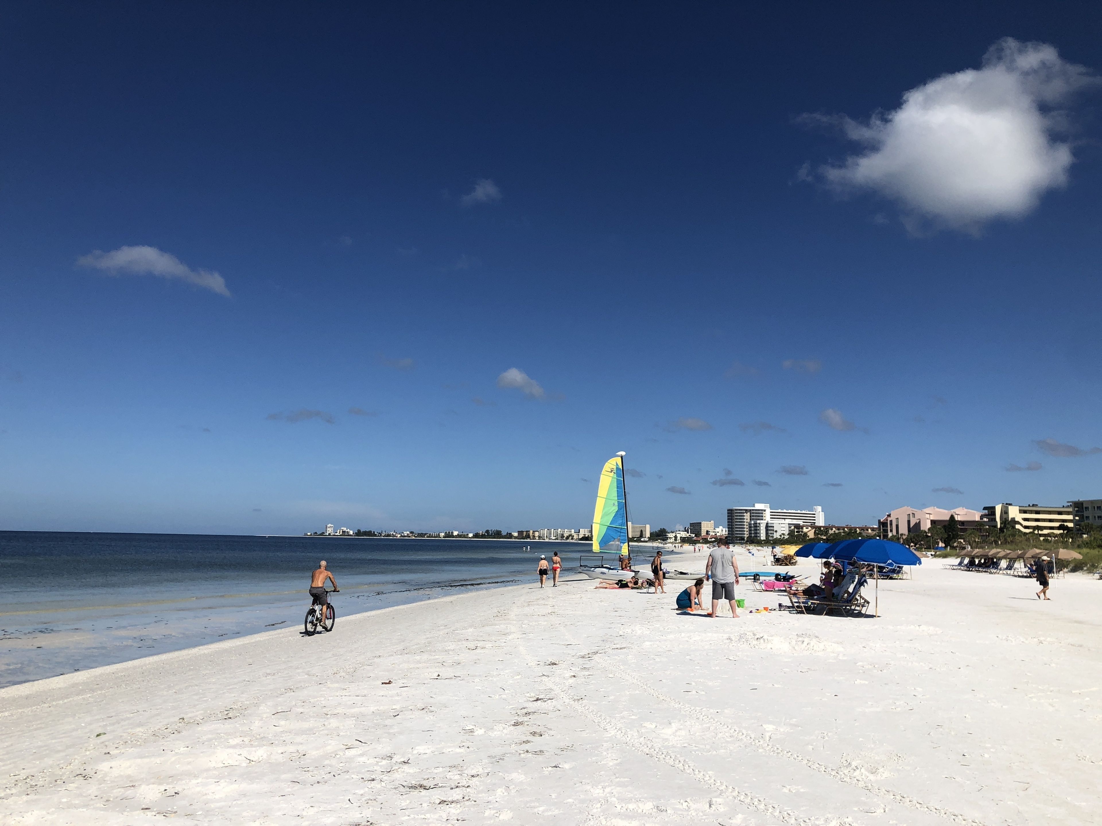 Une plage avec un ciel dégagé, un voilier et quelques personnes.