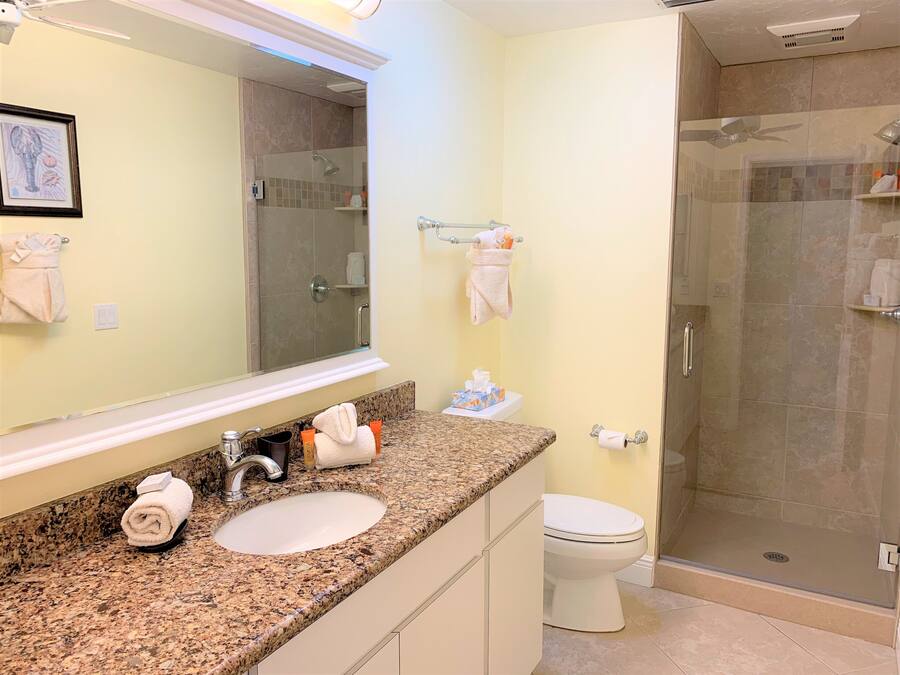 A bathroom with a granite countertop, two sinks, a large mirror, a toilet, and a glass-enclosed shower.