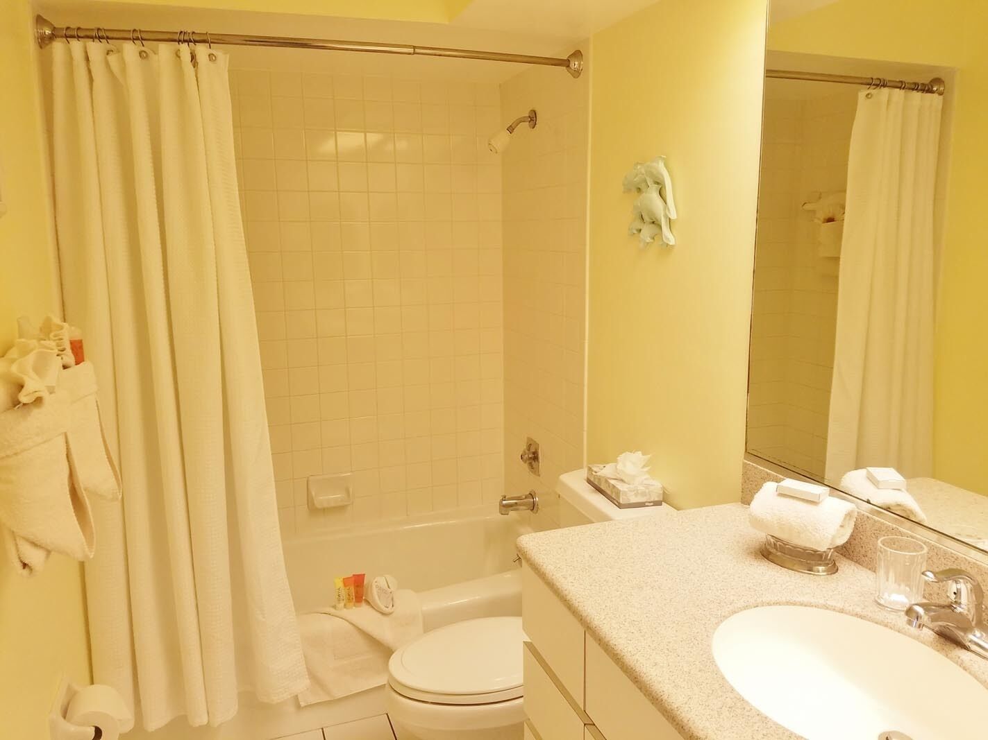 Un baño con ducha, inodoro y lavabo.