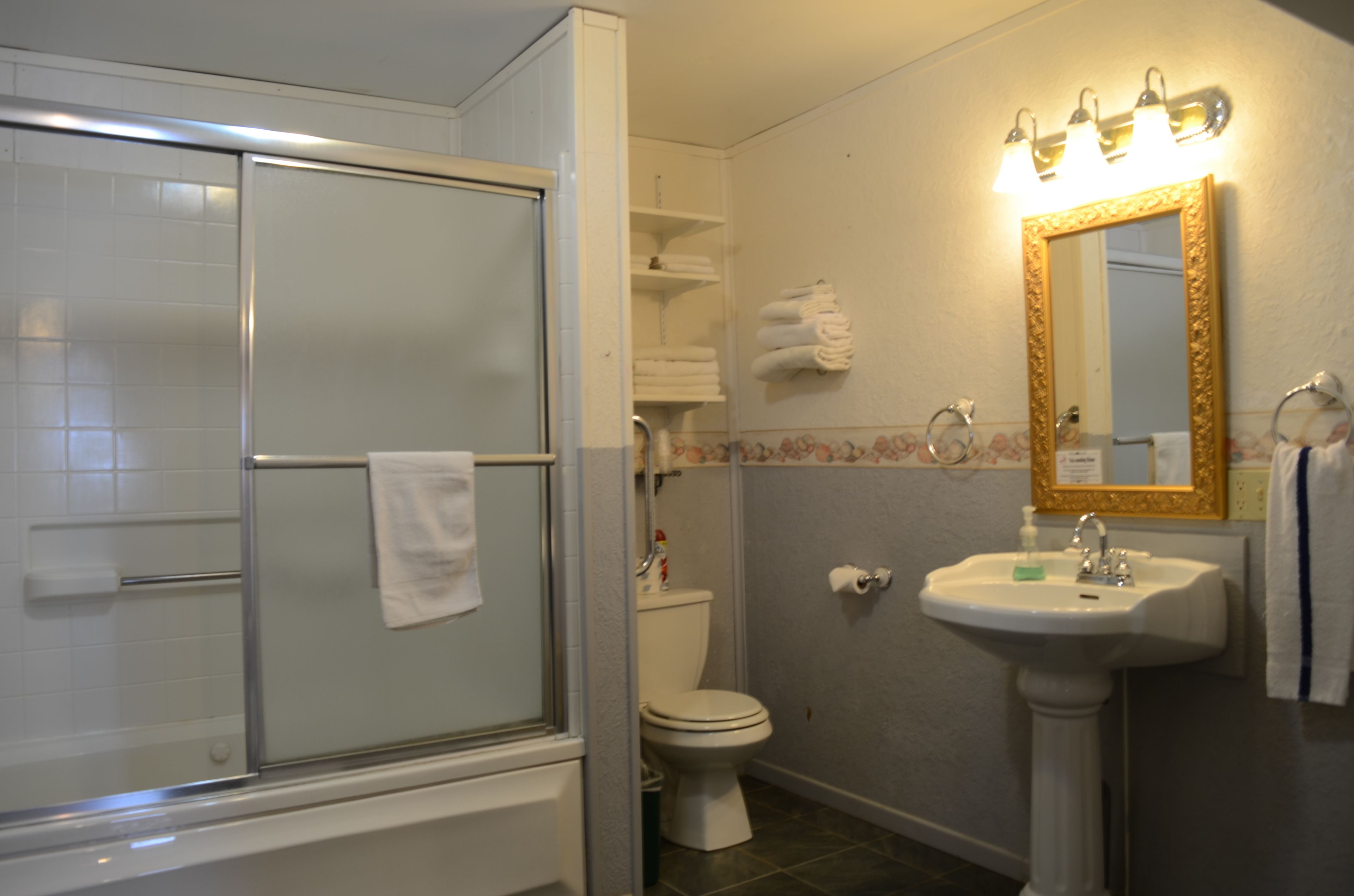 Een badkamer met een douche met glazen wand, een witte wastafel met spiegel met gouden lijst, en een toilet.