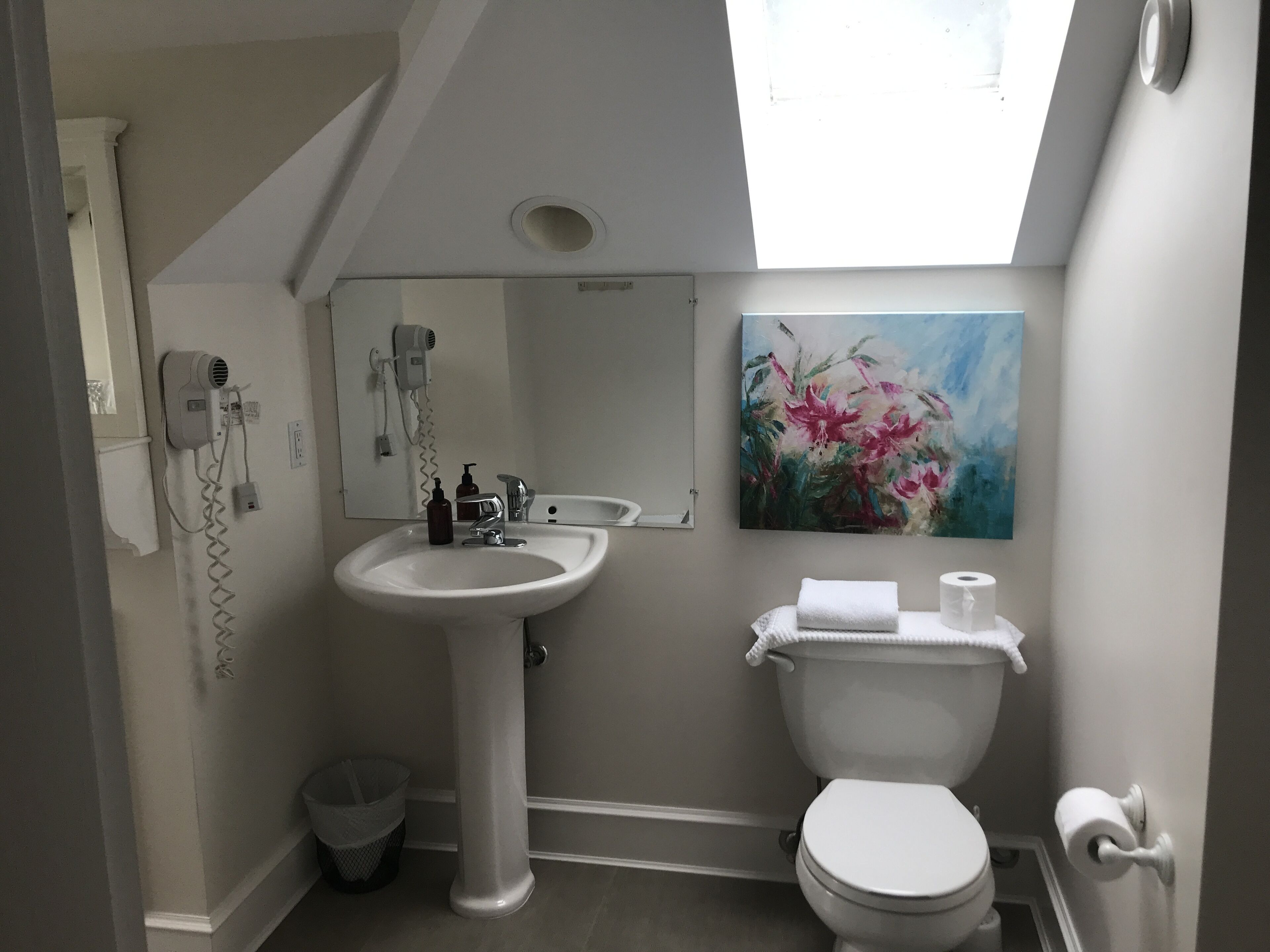 Een badkamer met een wastafel op een voetstuk, een toilet, een haardroger en een schilderij aan de muur.