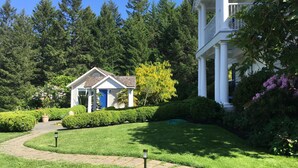 Un jardín bien cuidado con un sendero que lleva a un pequeño edificio con puerta azul, rodeado de abundante vegetación y árboles.