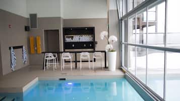 Indoor pool, outdoor pool, sun loungers