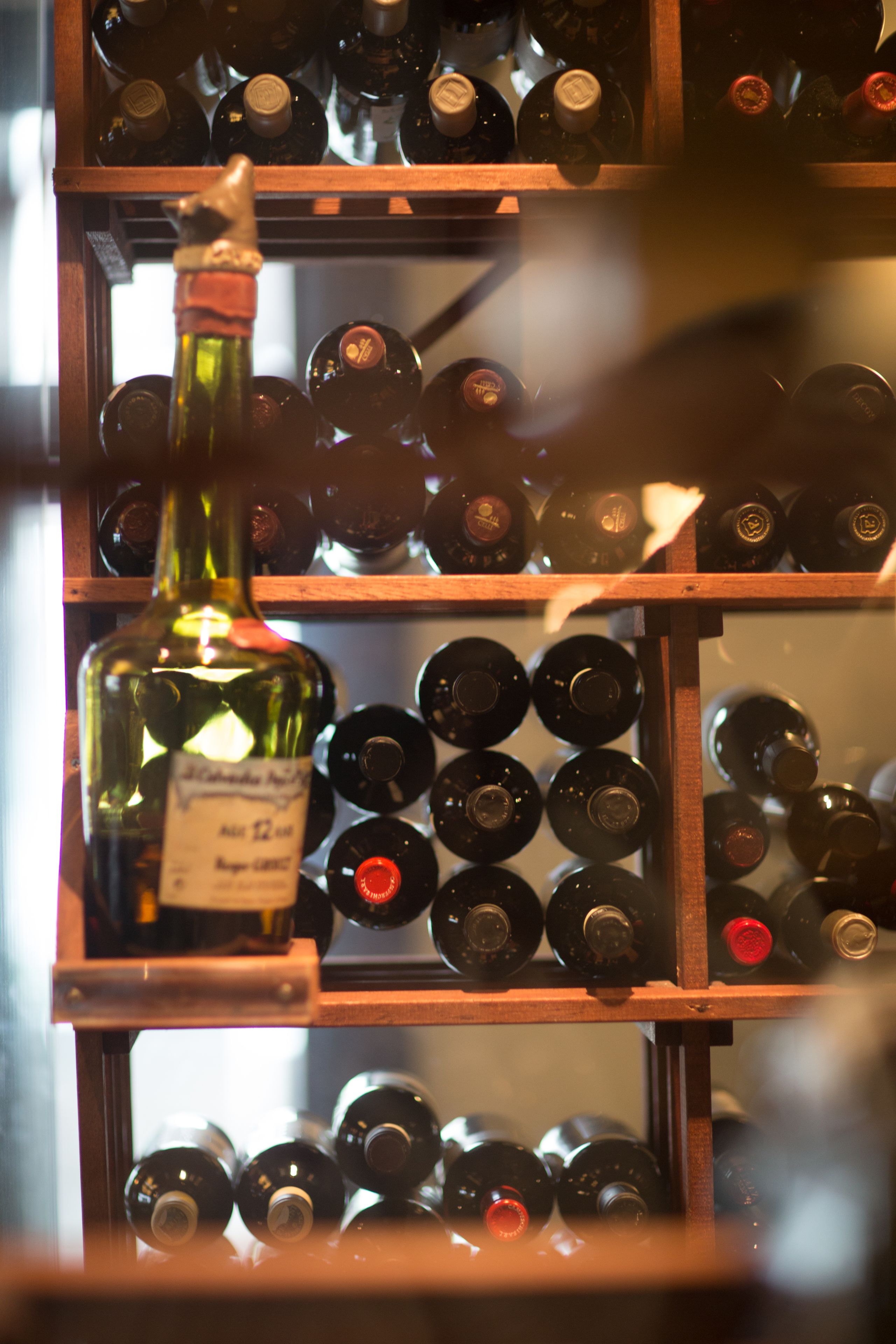Una botellera con varias botellas, incluyendo una botella destacada con etiqueta.