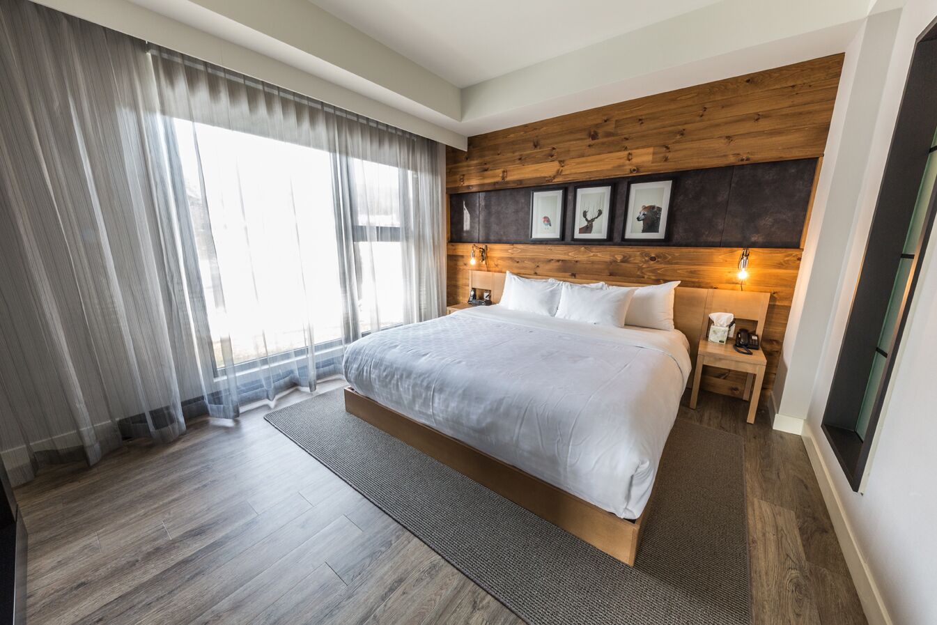 Una habitación de hotel moderna con una cama grande, cabecera de madera y una mesita de noche con lámpara.