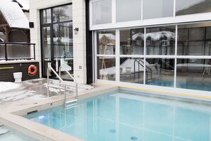 Indoor pool, outdoor pool, sun loungers