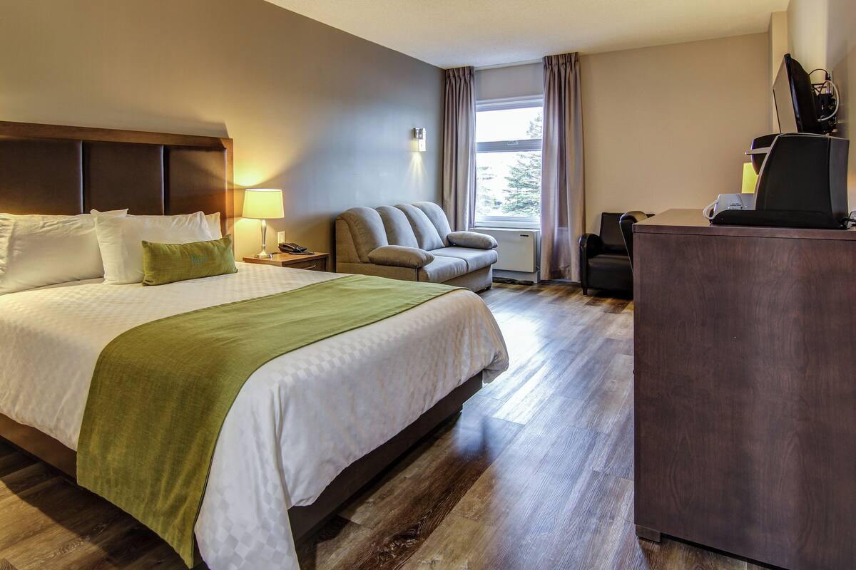 A hotel room with a large bed, a desk, a chair, and a view of the outdoors.
