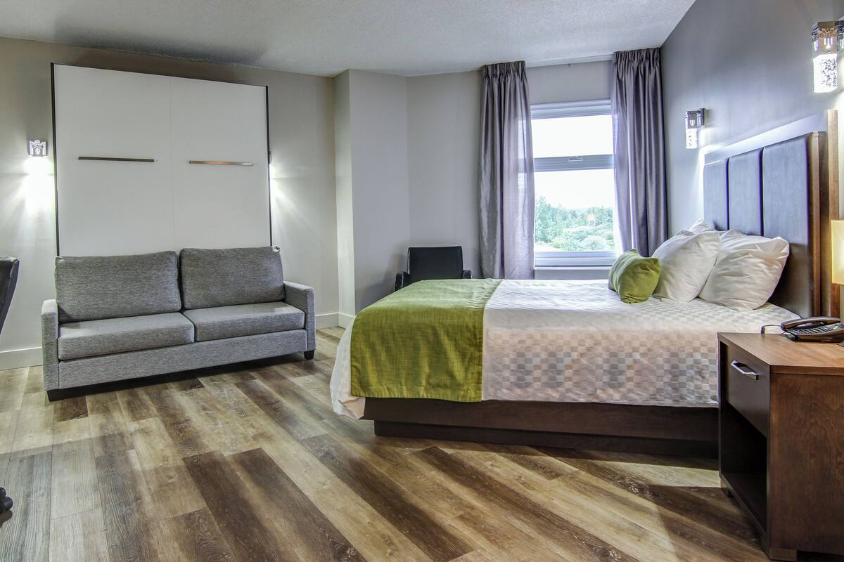 A hotel room with a bed, a sofa, a desk, and a chair.