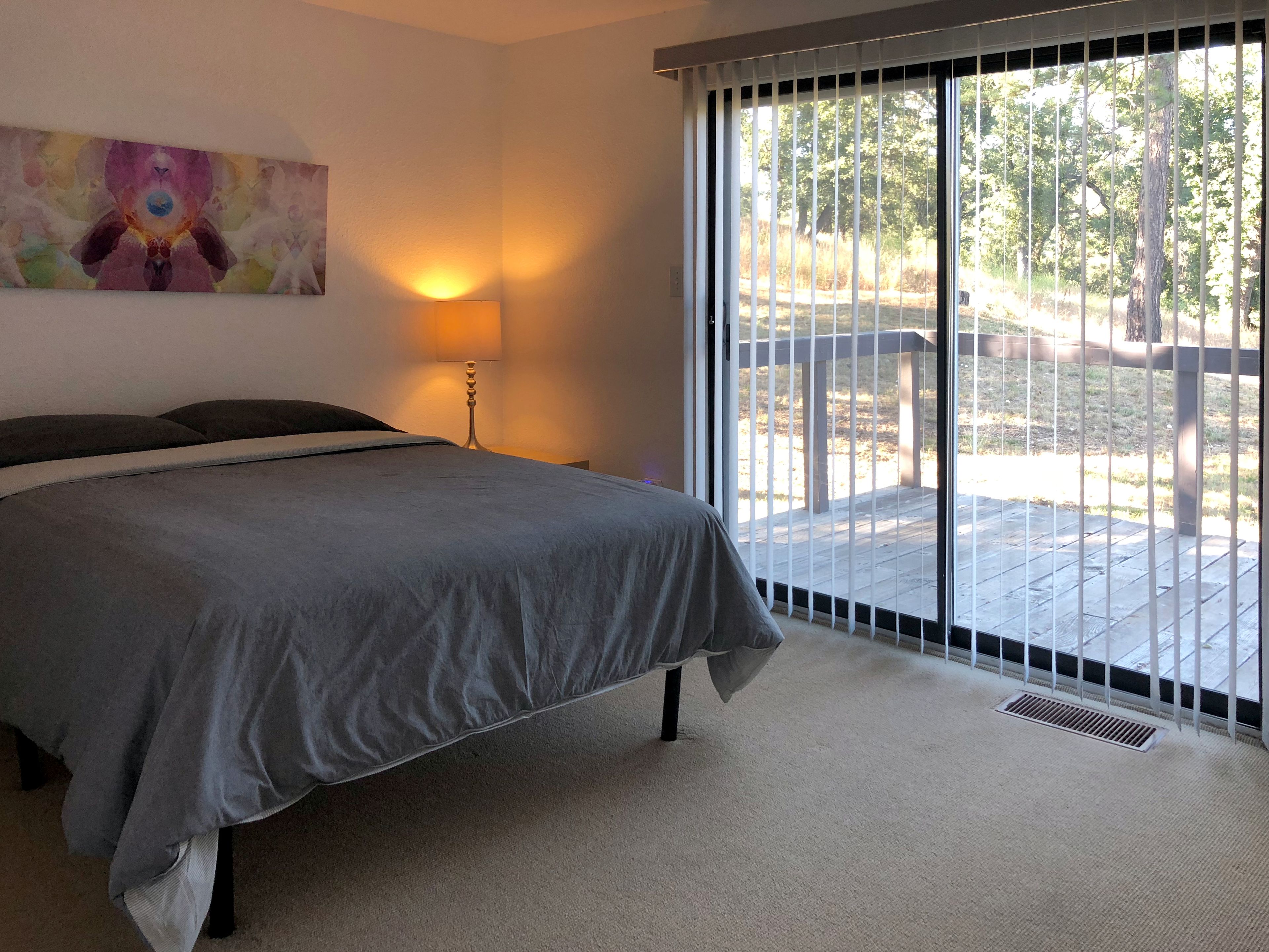 Un dormitorio con una cama grande, una mesita de noche con lámpara, un cuadro en la pared y vistas al exterior a través de una puerta corrediza.