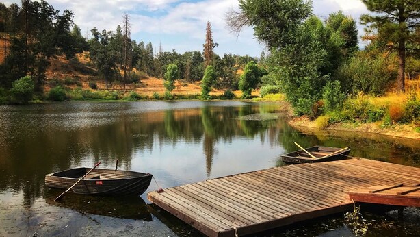 Un lago tranquilo con un muelle de madera que se adentra en el agua, rodeado de árboles y un cielo despejado.