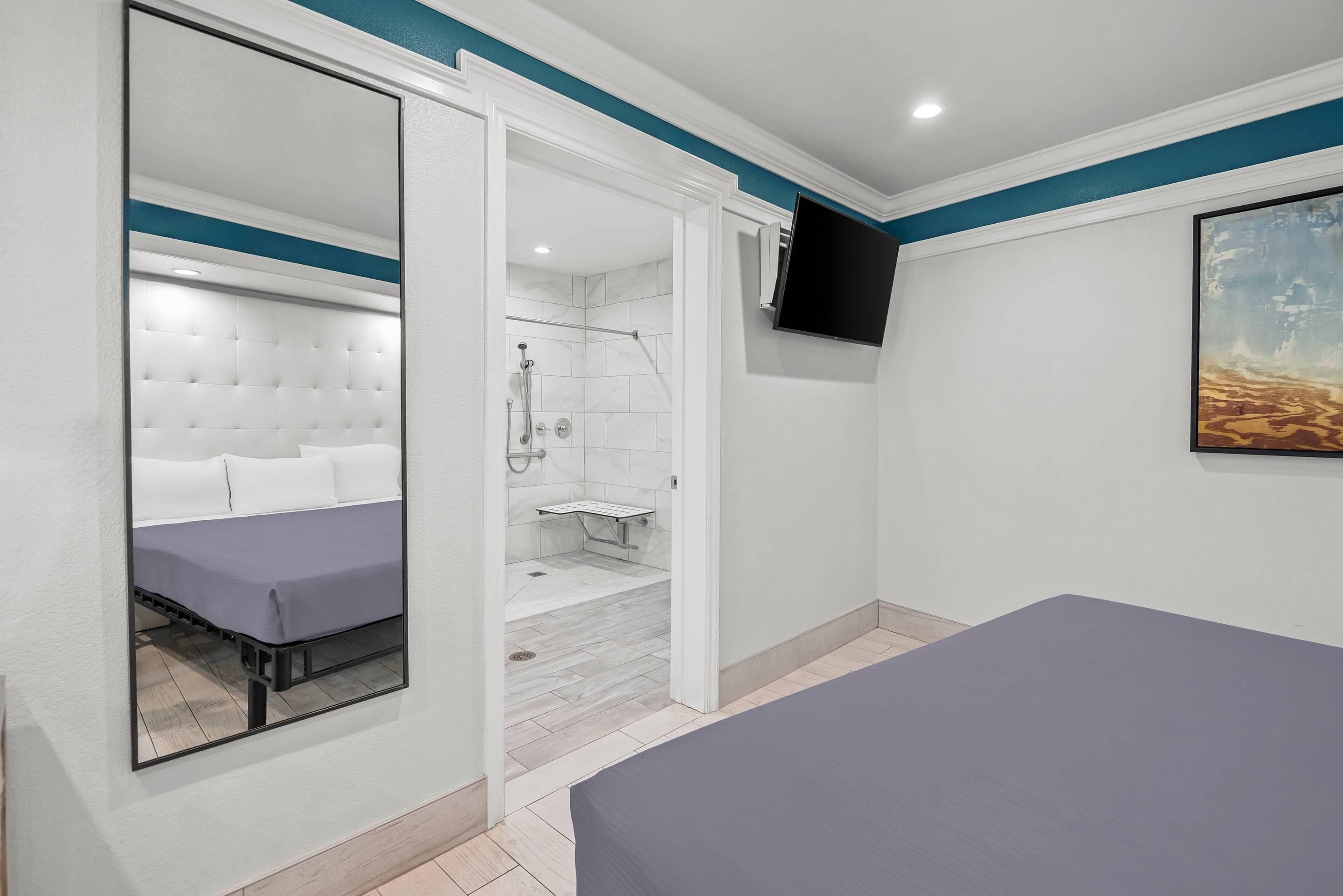 A bedroom with a bed, a large mirror, a TV, and a shower area.