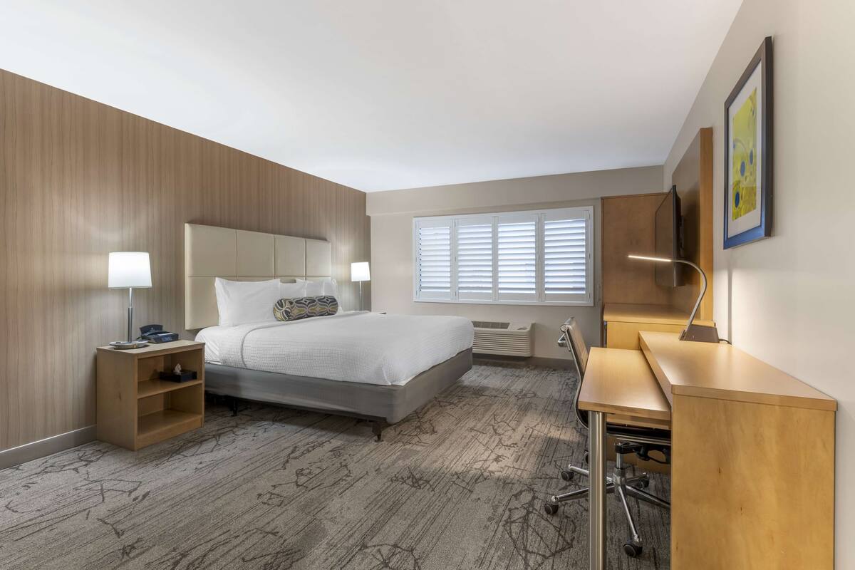 Une chambre d’hôtel équipée d’un lit, de tables de chevet, d’un bureau, d’une chaise, d’une télévision et d’une fenêtre avec des stores.