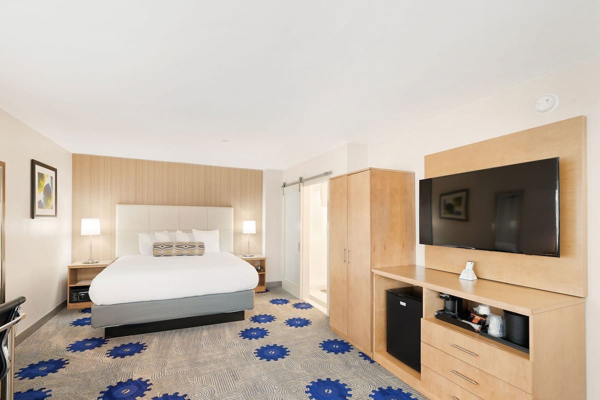 Une chambre d’hôtel équipée d’un lit, de lampes de chevet, d’une armoire, d’une télévision et d’un petit réfrigérateur.
