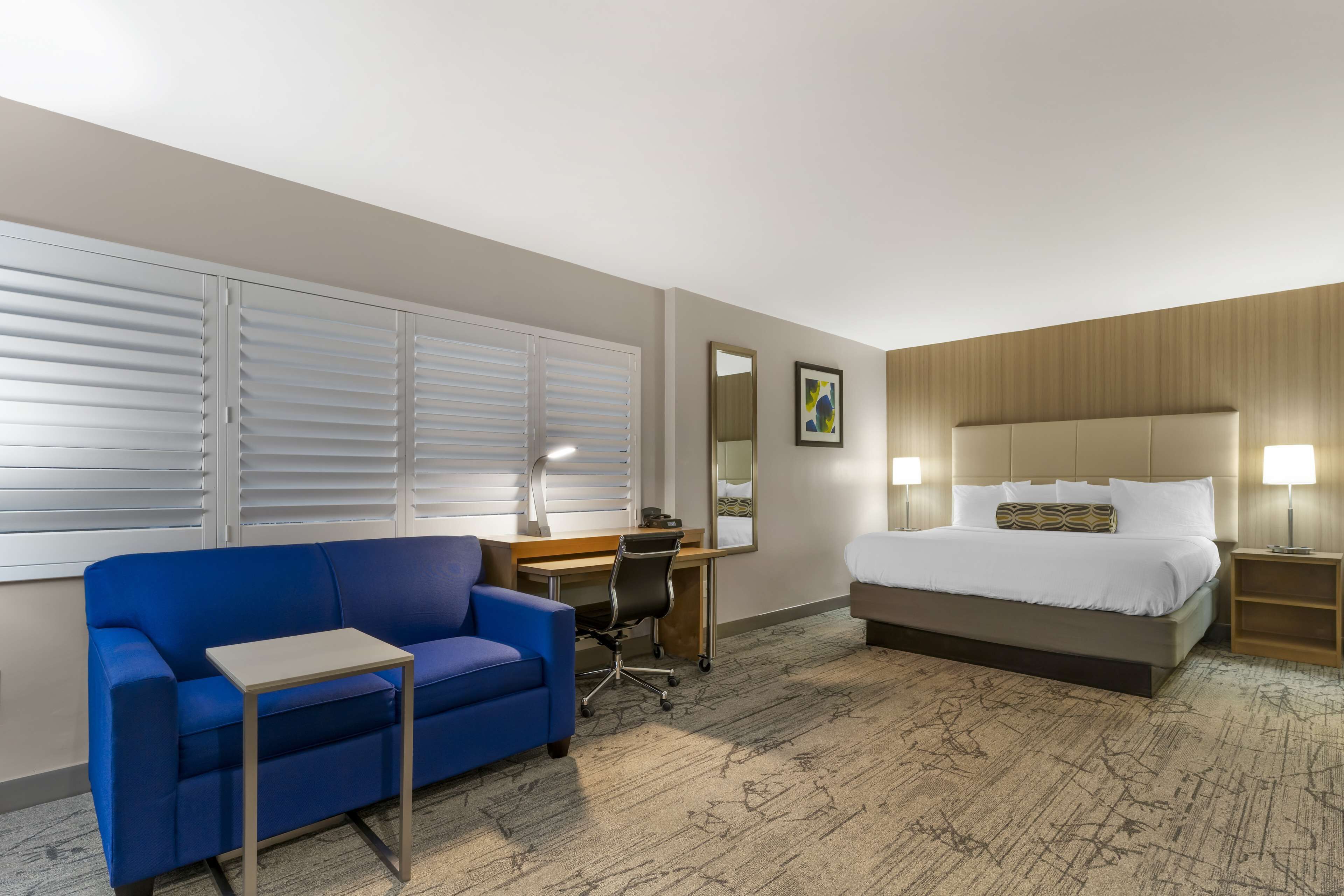 A hotel room with a bed, a desk, a blue sofa, a small table, and a window with blinds.