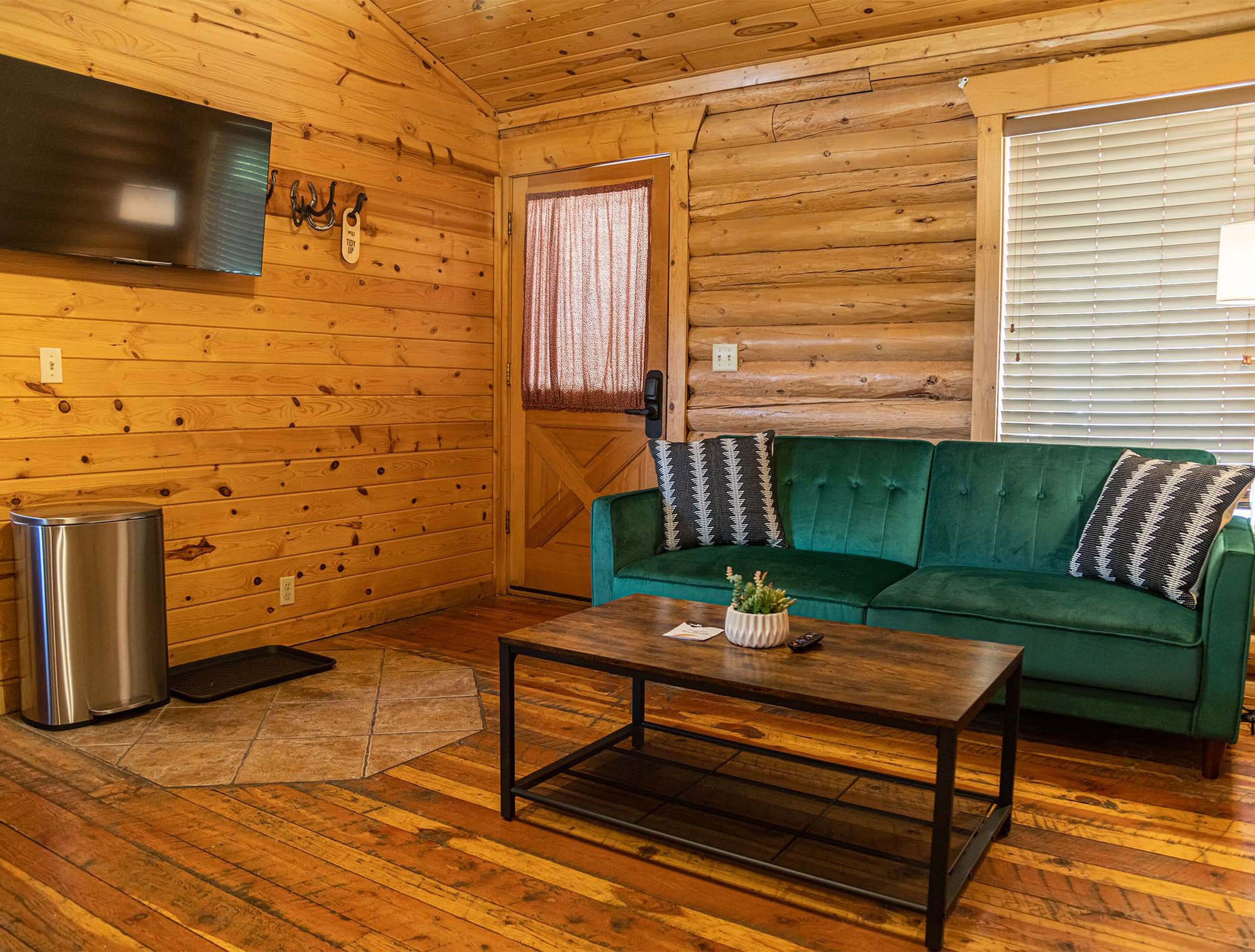 L’intérieur d’un chalet confortable, avec un canapé vert, une table basse en bois, un téléviseur fixé au mur et une fenêtre équipée de stores.
