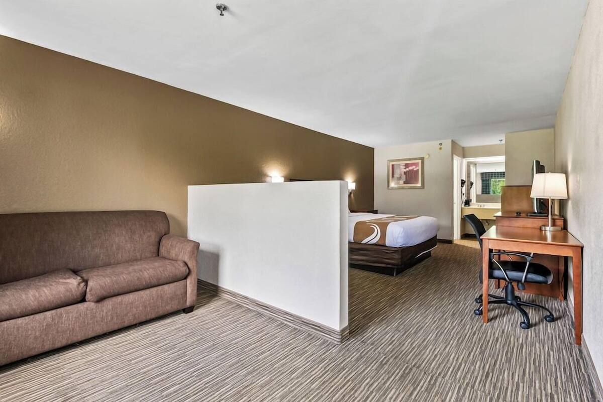 Quarto de hotel com sofá, cama, escrivaninha e cadeira, e uma luminária.