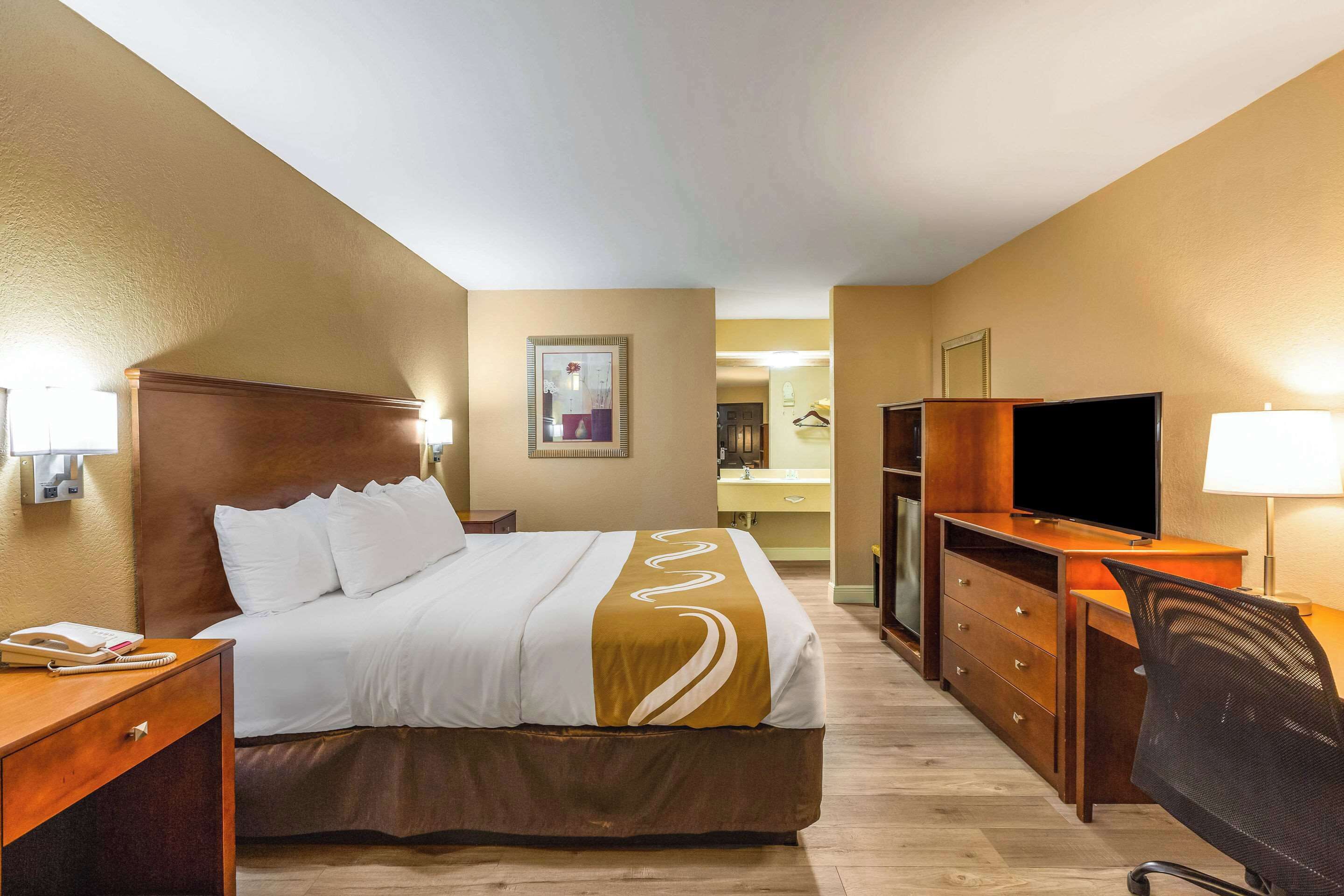 Una camera d'albergo con un letto, un comodino, una scrivania, una sedia, una televisione e uno specchio.