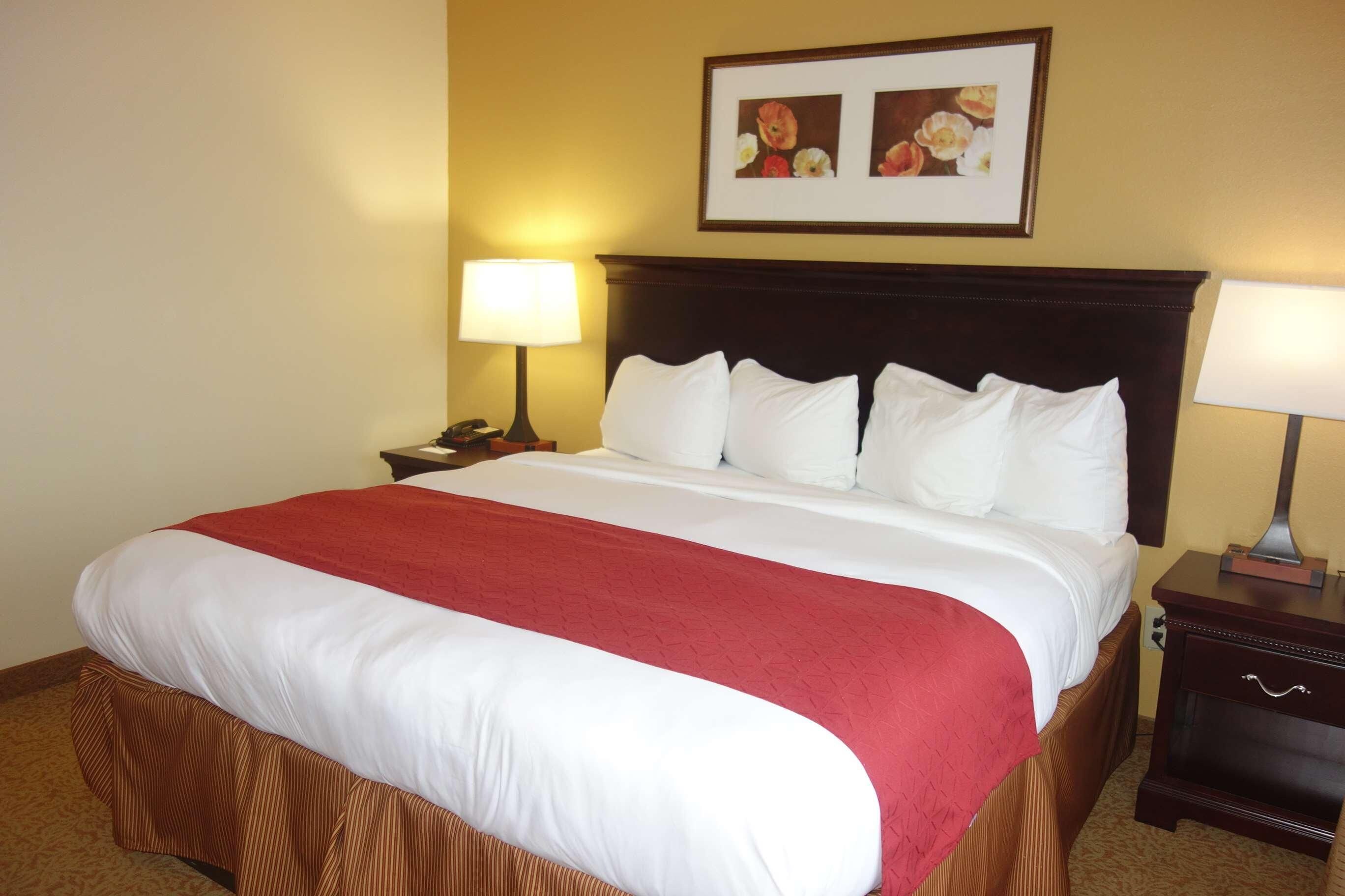 Una habitación de hotel con una cama grande, dos mesitas de noche, una lámpara y un cuadro en la pared.