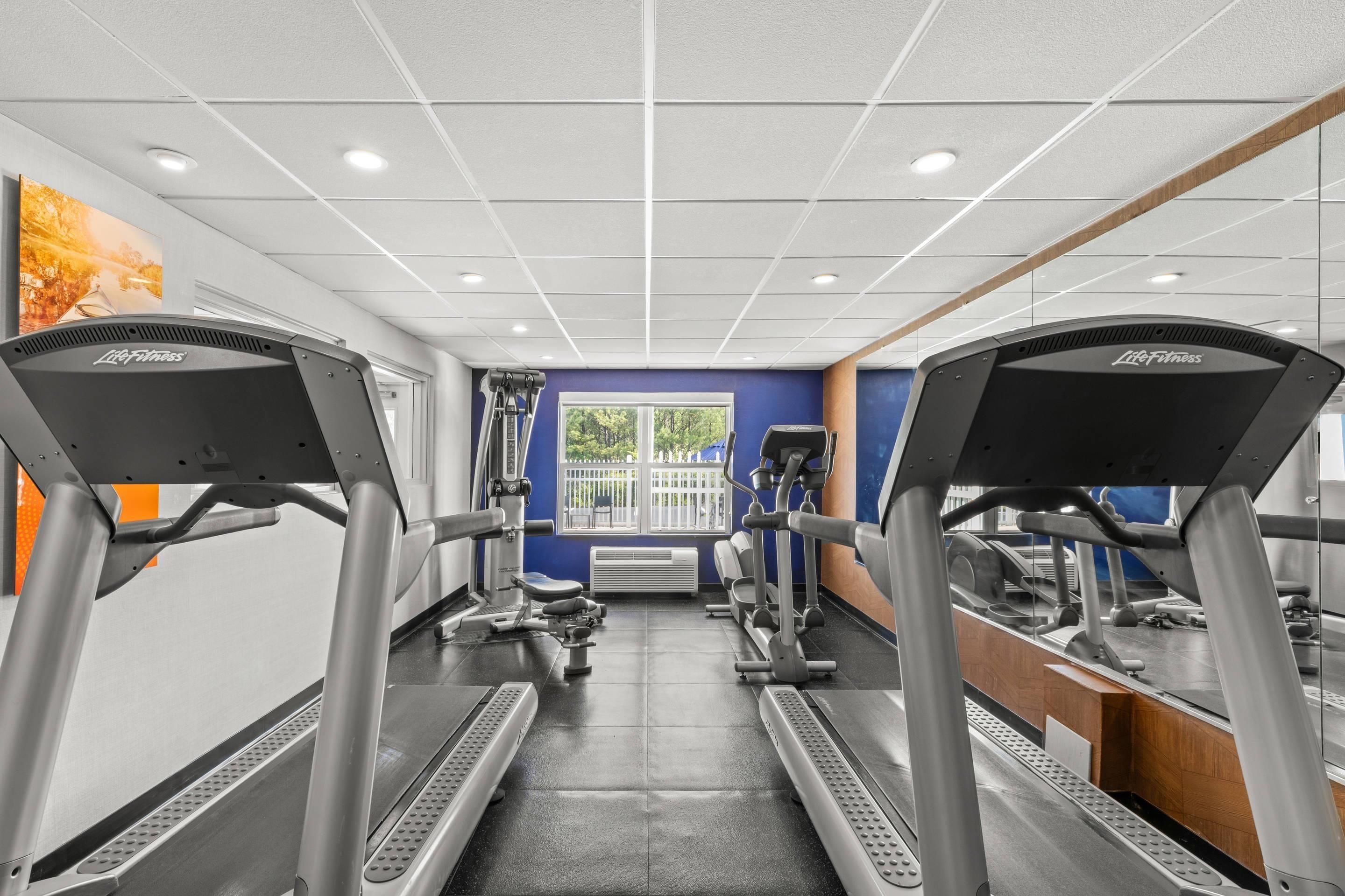 A gym with treadmills, weight machines, and a large window with a view of trees.