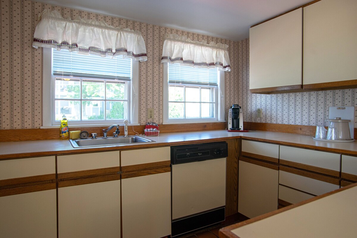 A kitchen with two windows, a sink, a dishwasher, and wooden cabinets.