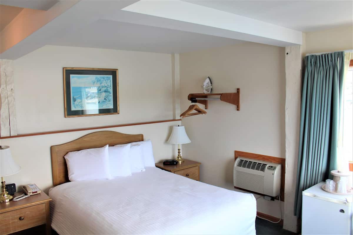 A hotel room with a bed, bedside table, lamp, air conditioning unit, and a small shelf with a picture frame and an iron.