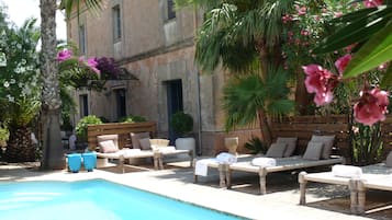 Outdoor pool, pool umbrellas, pool loungers