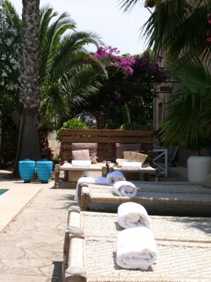 Outdoor pool, pool umbrellas, pool loungers