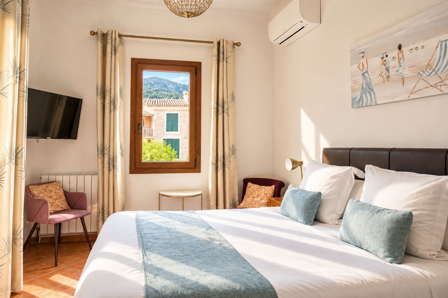 A bedroom with a bed, a TV, a window with a view, a painting, and a chair.