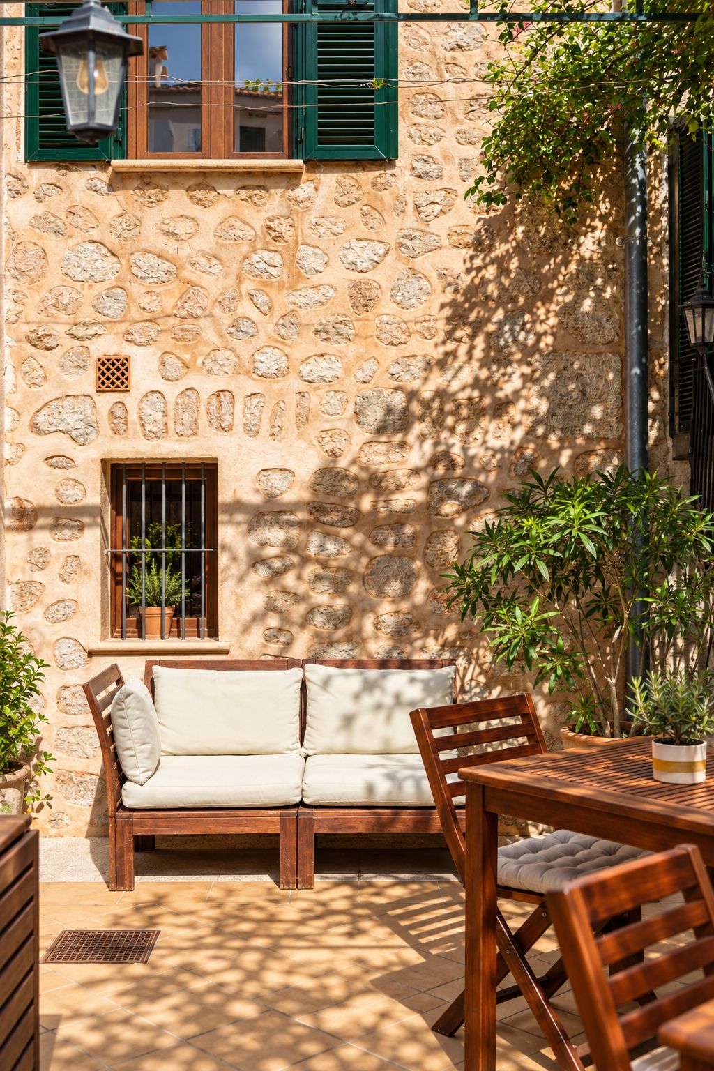 Un bâtiment en pierre avec un banc et une table en bois, entouré de plantes en pot.