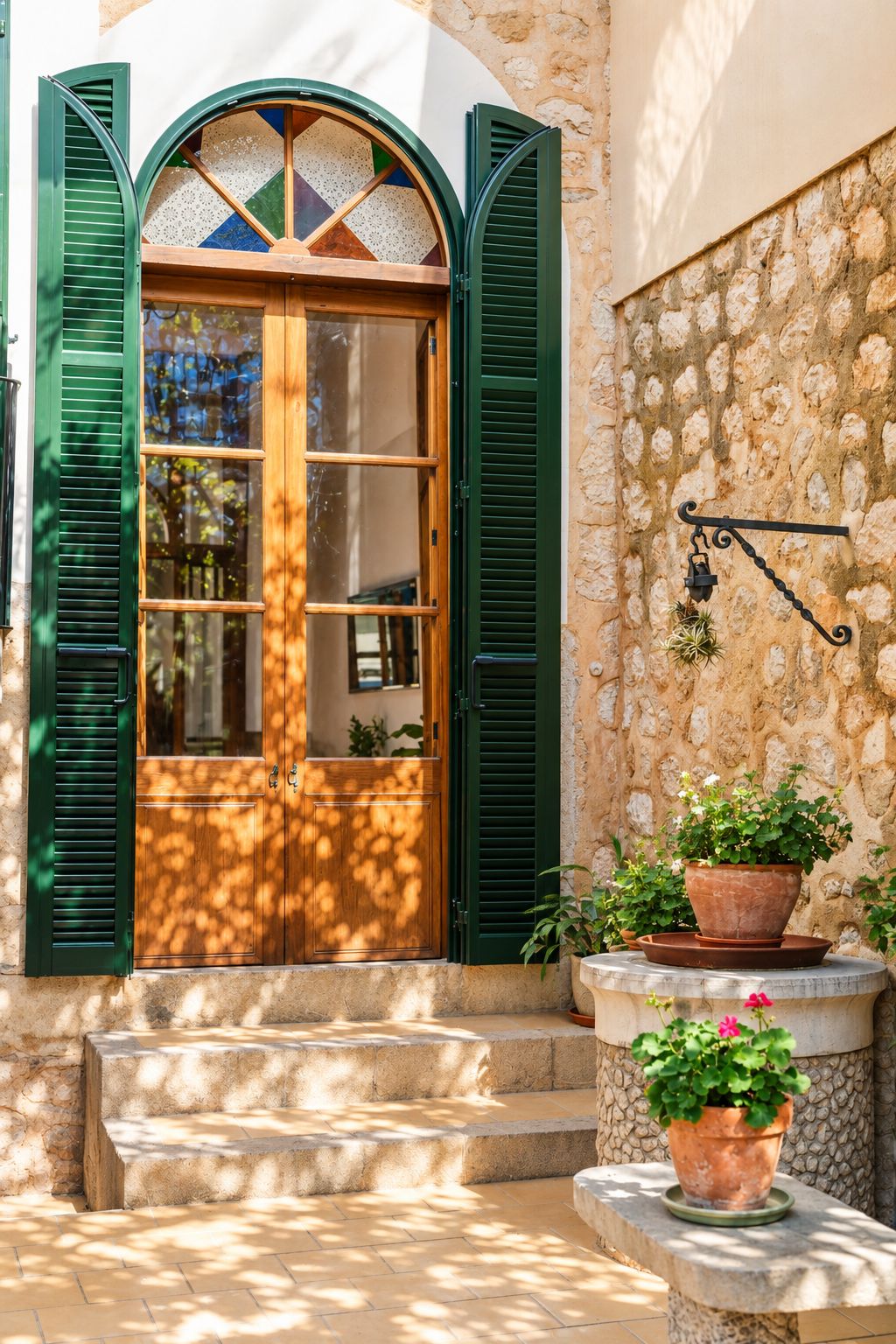 A stone building with a wooden door, green shutters, and a small outdoor seating area with potted plants.